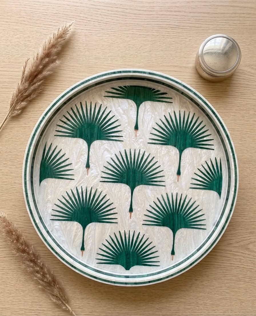 Handmade Mother of Pearl Round Tray – Green Palm Pattern | 45 cm